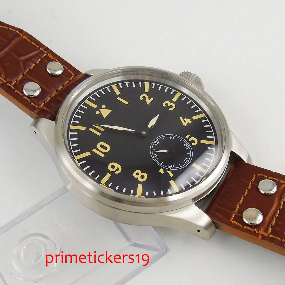 Мужские часы с ручным заводом 55 мм желтые цифры светящиеся 6498 кофейный кожаный