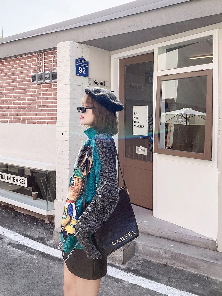 QING MO Green Women Cartoon Printed Sweater 2021 Turtleneck Knitted Female Patchwork ZQY6349 | Женская одежда