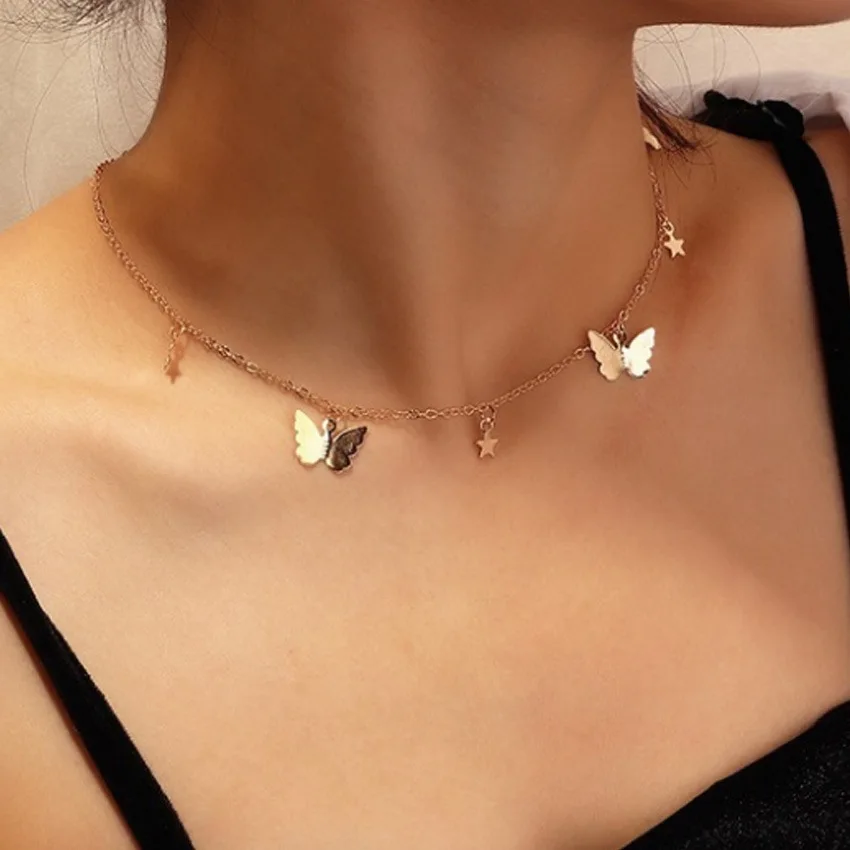 

2021 Fashion Gold Silver Color Butterfly Necklaces For Women men's neck chains Choker Aesthetic Necklace For Girls Grunge