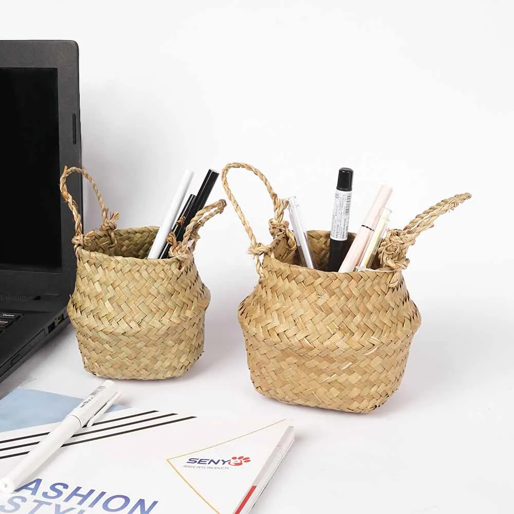 

Desktop Desk Seagrass Fleshy Plant flower Basket pot Pen Box Stationery Storage Bucket Woven Wicker Garden Pot Pen Holder