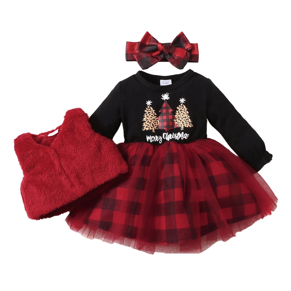 

Christmas Newborn Baby Girls Dress Plaid Printing Pullover 3 Piece Set Winter Knitted Fashion Long Sleeve Round Neck Tank Dress