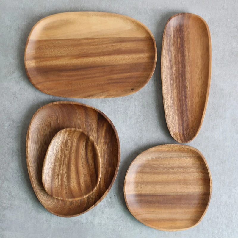 

Acacia Wooden Plates Irregular Oval Solid Serving Plate Wood Trays Fruit Dishes Saucer Tray Dessert Dinner Plate Dinnerware Set