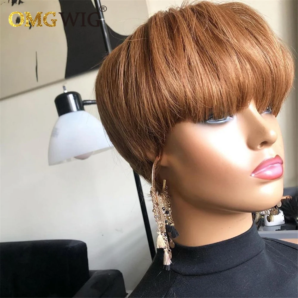 Short Straight Honey Blonde Color Bob Pixie Cut Wavy Non Lace Human Hair OMG Wig With Bangs For Black Women Remy Brazilian | Шиньоны и