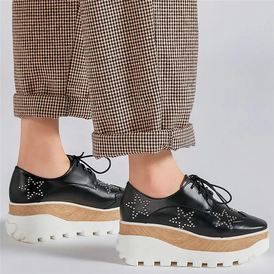 

Lace Up Trainers Women Genuine Leather Wedges High Heel Ankle Boots Female Med Top Square Toes Fashion Sneakers Punk Creepers