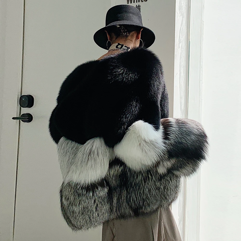 Luxury Women Natural Fox Fur Jacket Round Collar Fashion Color Patchwork Genuine Fox Fur Coats Female Thick Warm Fur Overcoats