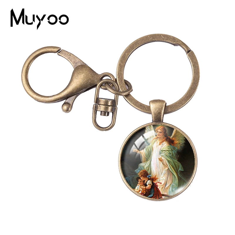 

2021 New Guardian Angel Oil Painting Keychain Glass Cabochon Photo Jewelry Round Keyring Men's Vintage Key chains