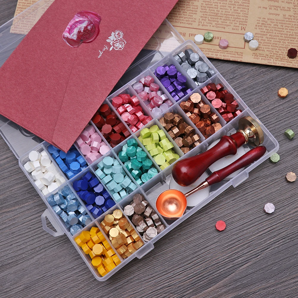 

Vintage Octagonal Sealing Wax Tablet Set with Spoon Sealing Stamp Box DIY Craft Envelope Party Invitation Letter Card Tools
