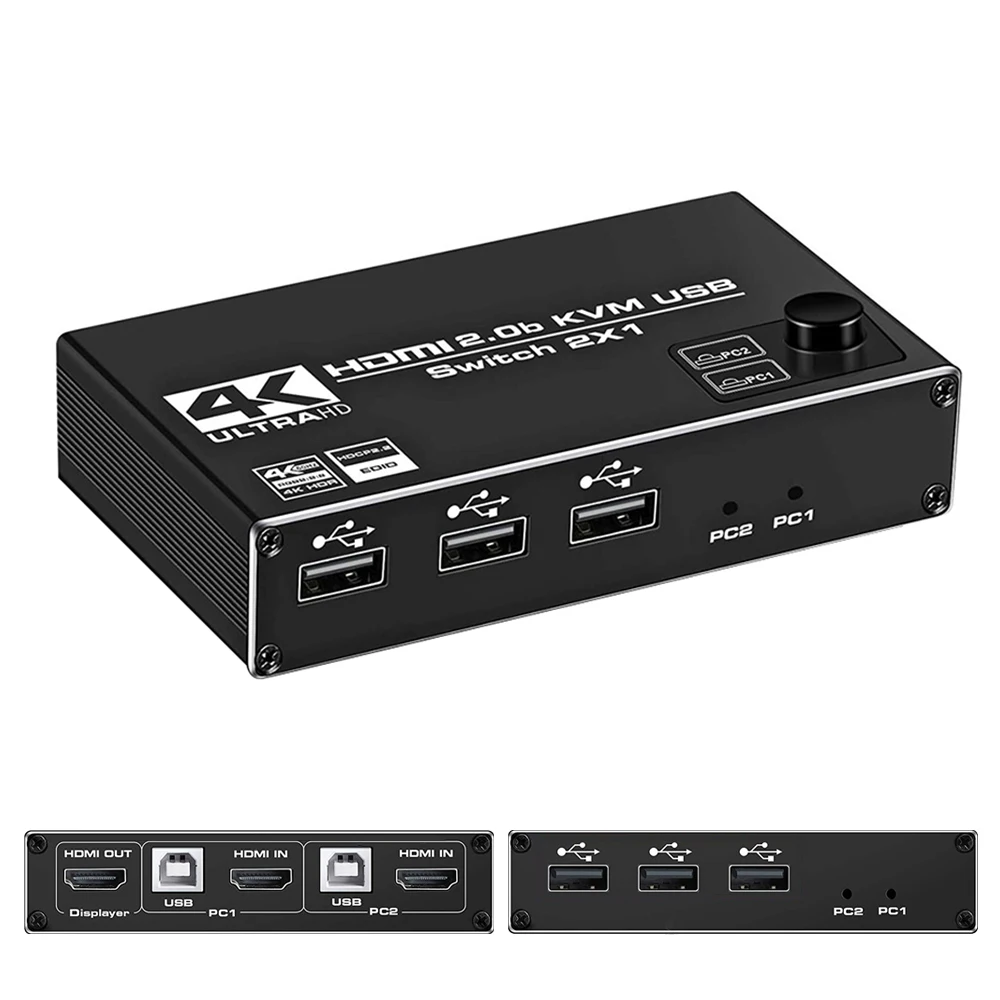 

HDMI KVM Switch 4K 60Hz USB 2.0 2 Computers Share 3 USB 2.0 Devices And One HD Monitor Wireless Keyboard And Mouse Connections
