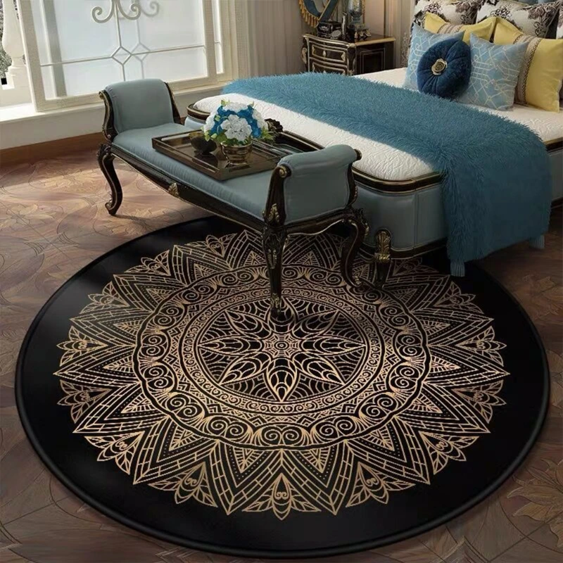 

European Luxurious Round Area Rug Pad Vintage Mandala Lotus Flower Print Bedside Carpet Non-Slip Circle Floor Mat for Living