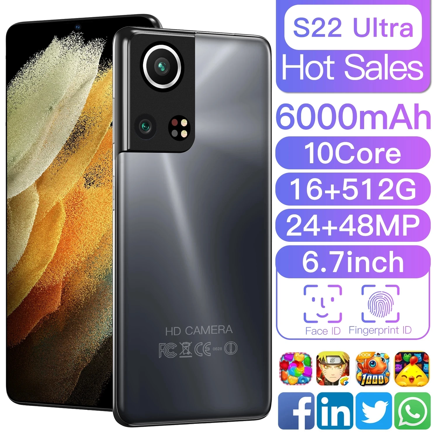 

Galay-S22Ultra Smartphone, Global Version, 5G, 6.7 Inch, 6000mAh, 16GB, 512GB, 48MP, MTK6989, 10 Core, Face ID, 4G