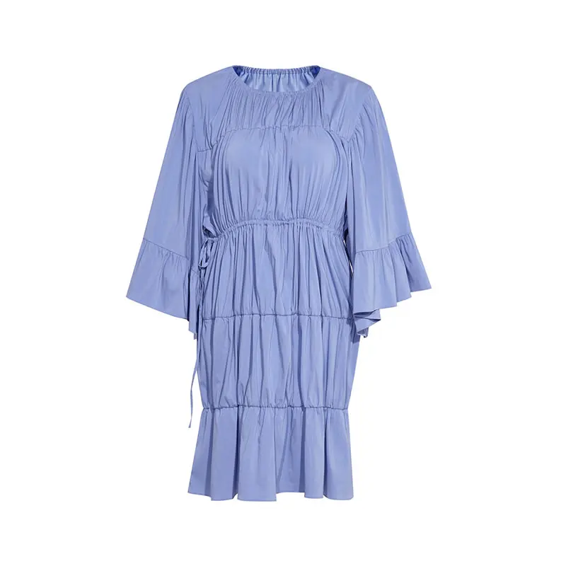 

XITAO Draw String Folds Splicing Dress Summer New Solid Blue Flare Sleeve Mini Fashion Simplicity Temperament Women WMD0766