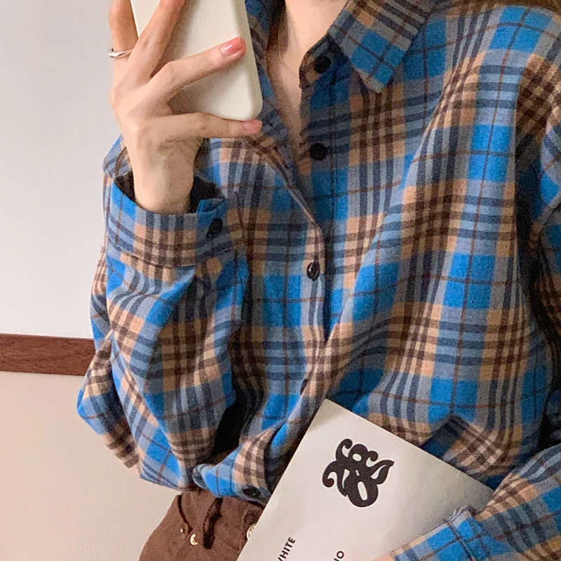 

Lapel Shirt Women Spring Autumn Clothes Shirt Lattice Long Sleeve Blouse Shirts Commute Casual Simplicity