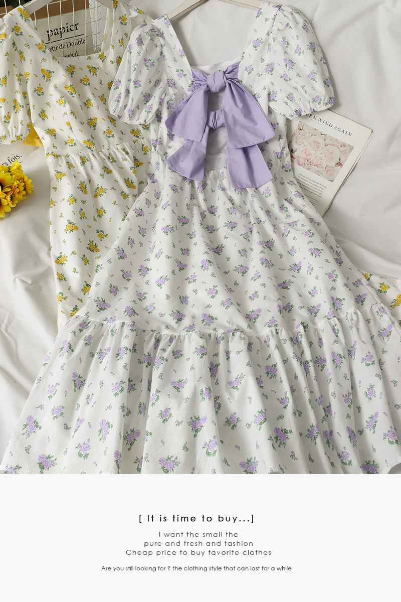 

2021 Summer Sweet wind bow tie dress women's new square collar bubble sleeves flared bottom dress fairy