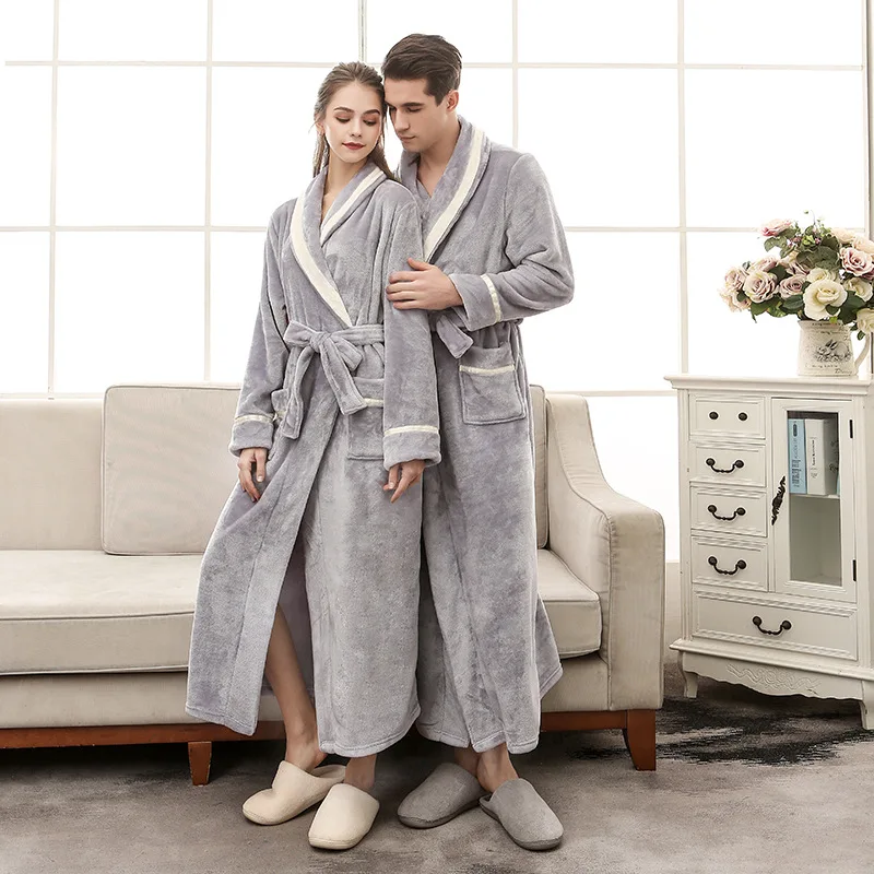 Men And Women Couples Autumn  Winter New Thicker  Longer Plus Size Mink Velvet Nightgown Stitching Inlaid Flannel Bathrobe