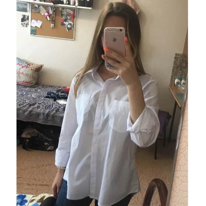 5XL Повседневная женская свободная рубашка с отложным воротником с длинным рукавом с карманами Белые рубашки Мужские топы Большой размер Camisas Femininas