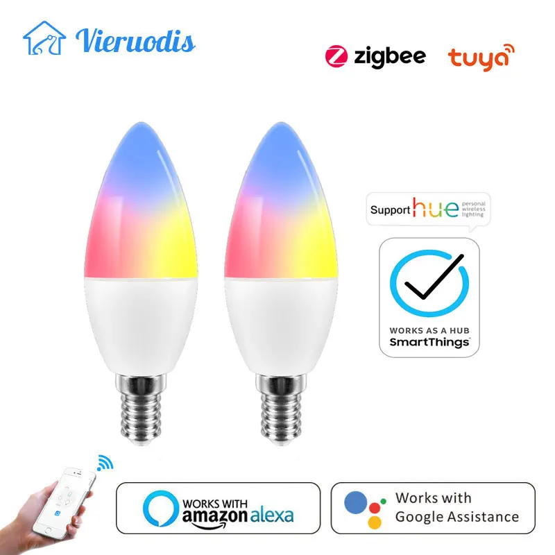 

Tuya Hue Zigbee 3.0 LED Smart Bulb E14 Candle Bulb Dimmable RGBCW Lamp Works With Alexa Echo Google Assistant SmartThings Philip