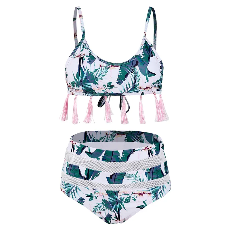 

European and American new bikini sexy fringe split swimwear mesh high waist printed bikini