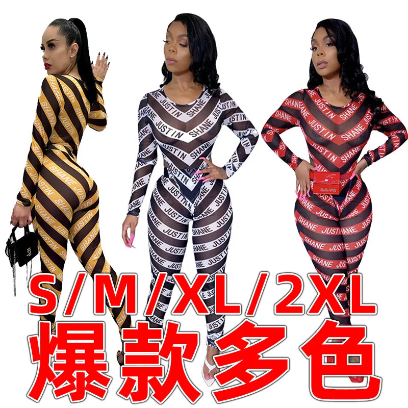 

K9565, 2019 г., новый европейский и американский костюм в полоску из сетчатой ткани с перекрестным принтом для женщин