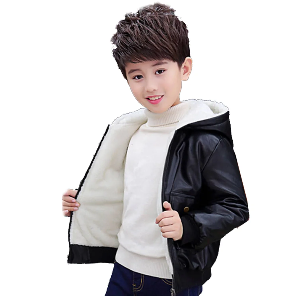

Winter PU Leather Jacket For Boy New 2021 Korean Version Plus Velvet Thickening Fashion Hooded Handsome Slim Children's Clothing