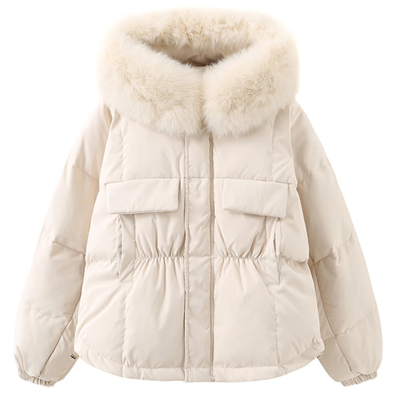 Enlarge 2021 New Fashion Real Fox Fur Down Jacket Women White Duck Down Hooded Zipper Short Thick Warm Jacket 90% Slim Solid Pockets