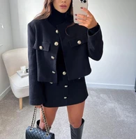 2022 tweed women black vintage office lady single breasted blazer female casual slim short blazer coats tweed jacket black tops
