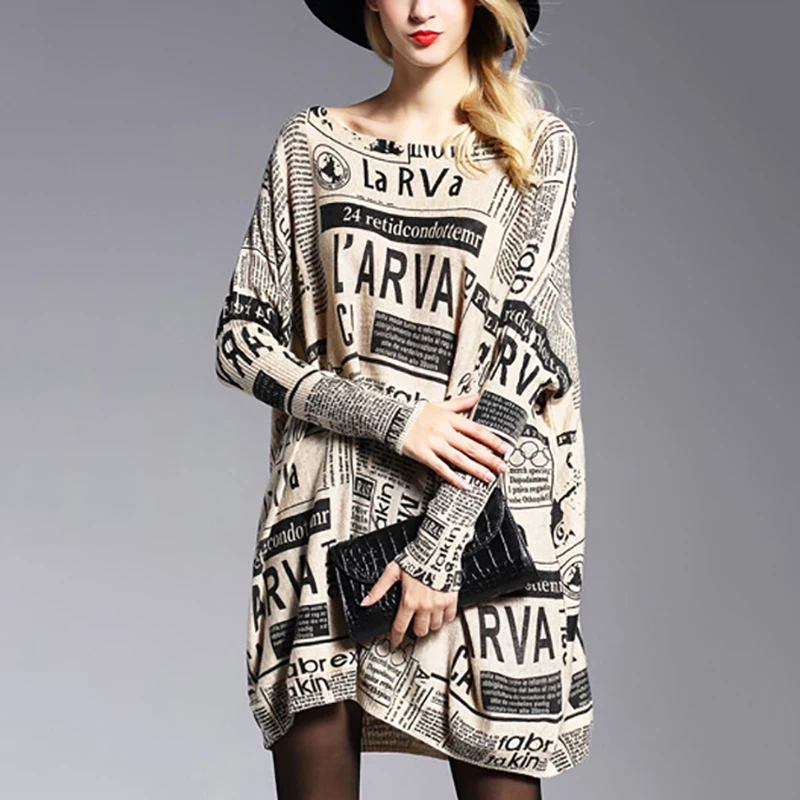 2019 Осенняя зимняя длинная футболка с принтом газет и букв женская сексуальная