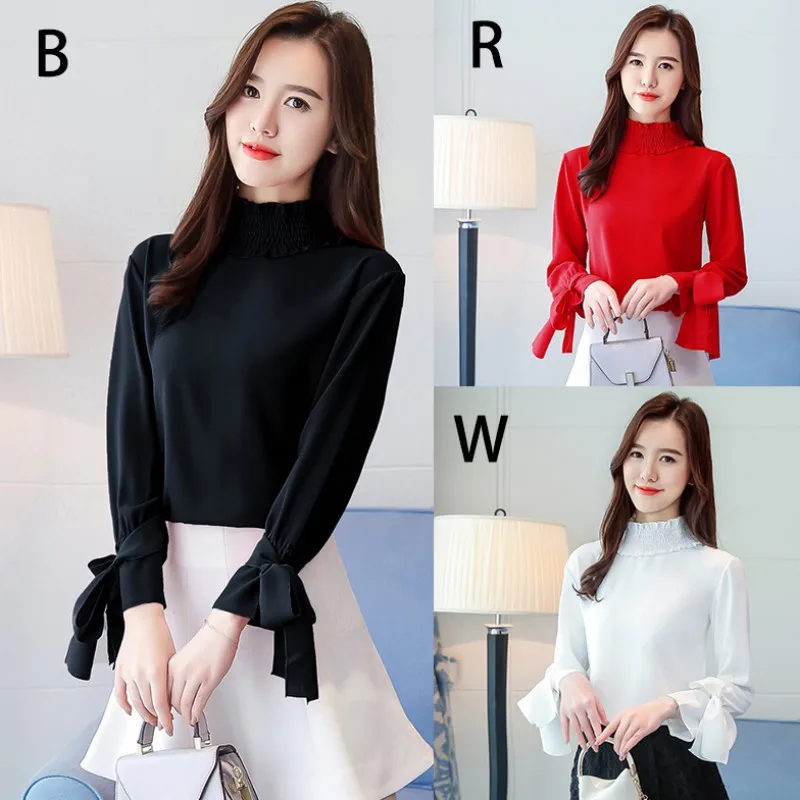 Блузка женская шифоновая с длинным рукавом модный топ для офиса Однотонная