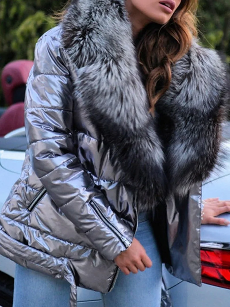 Autumn and winter new style bright face big fur collar short long sleeve cotton down coat women