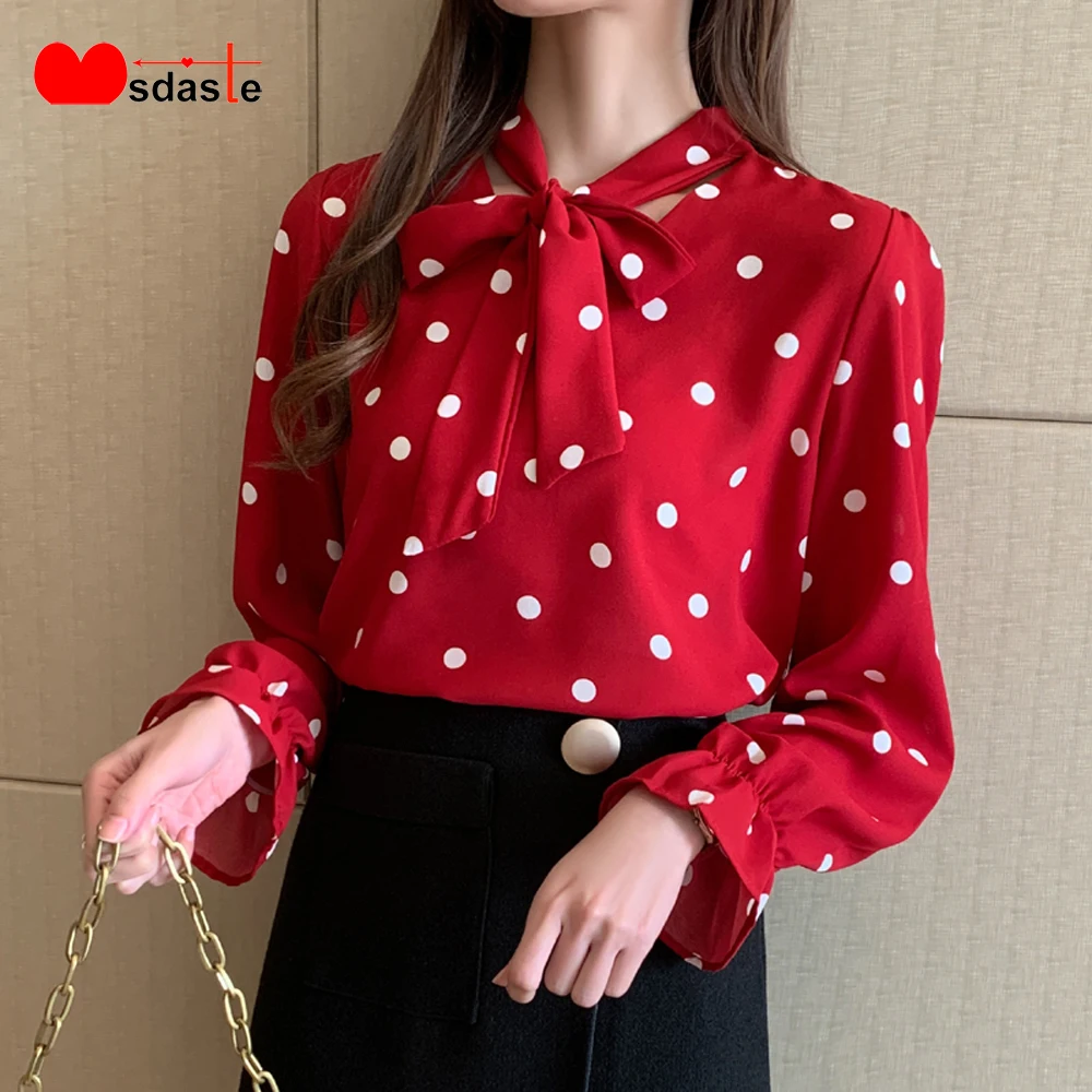 Женские шифоновые блузки в горошек с галстуком бабочкой красные черные белые для