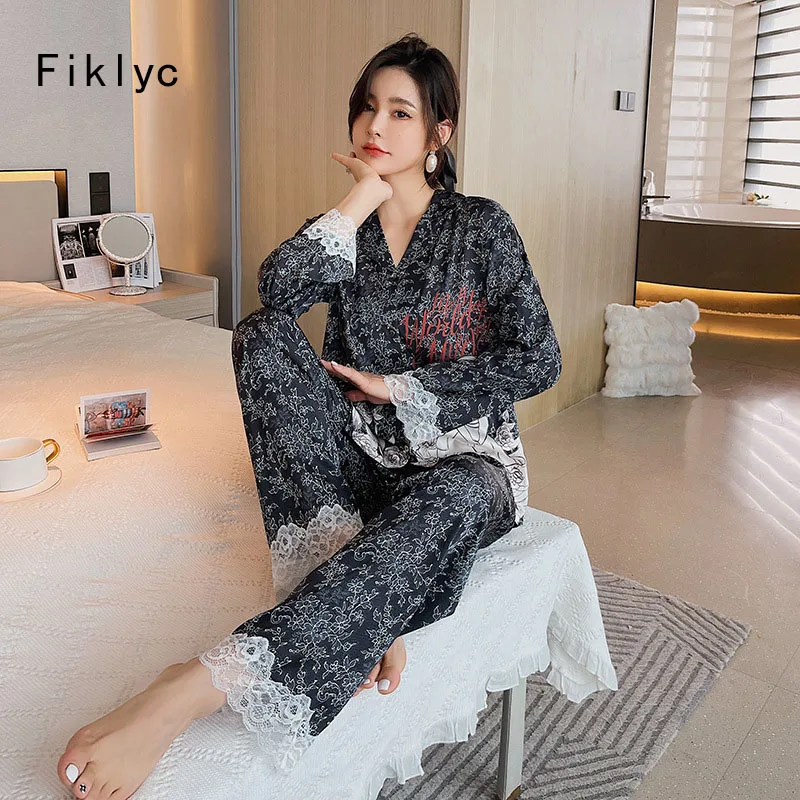 

Весенние Новые пижамные комплекты Fiklyc 2022 с кружевным вырезом и длинными рукавами, женские модные кардиганы, пижамы, женские пижамные компле...