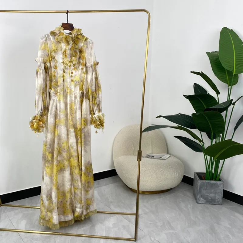 

High Quality Summer Yellow Floral Print Long Sleeve Leaf Tassel Back Hollow Out Women Fashion Ankle Length Dresses