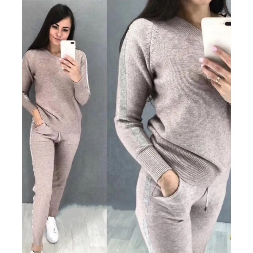 Осень 2019 зимний теплый вязаный комплект спортивная одежда с v образным вырезом