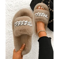 fluffy flip flops furry fur slides diamond chain plush house slippers women fashion open toe faux fur slippers indoor warm shoes