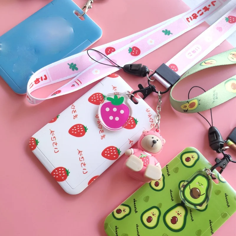 

Fashion Cute Strawberry Avocado Lanyard Credit Card ID Holder Bag Student Women Travel Bank Bus Business Card Cover Badge