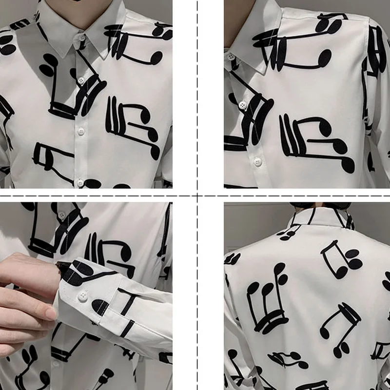 2021 New Men's Note Printed Shirts Autumn Long-sleeved Slim Musical Casual Shirt Fashion Streetwear Social Party Male Clothing