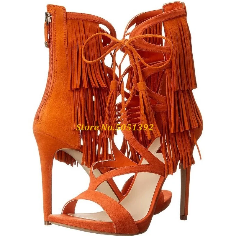 Сандалии-гладиаторы в римском стиле высокие босоножки с бахромой на шнуровке