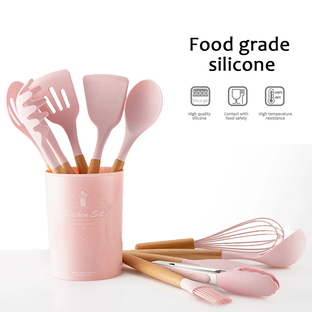 

Kitchen Utensils Set Silicone Cooking Tools Non-Stick Spatula Shovel Spoon With Wooden Handle Storage Box Heat-Resistant