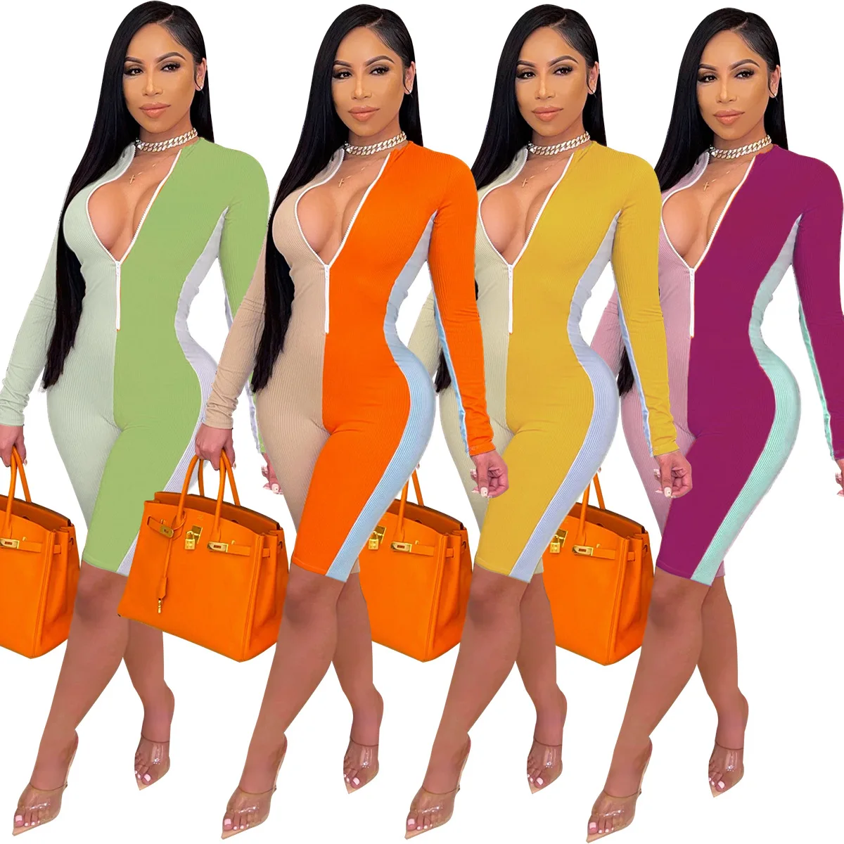 

Fashion Women's Clothing Personality Color Matching Sexy Zipper Collar Stretch Long Sleeved Five Point Pants Tight Jumpsuit
