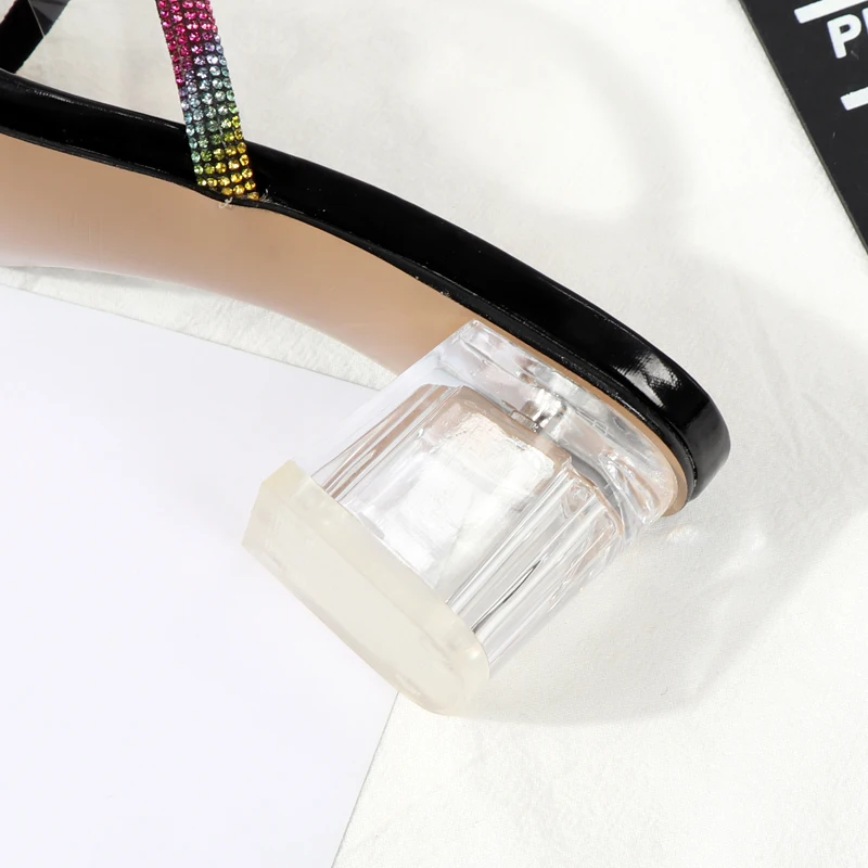 

2021 new European and American Square head Rhinestone midheel sandals crystal heel transparent belt sexy outdoor slippers