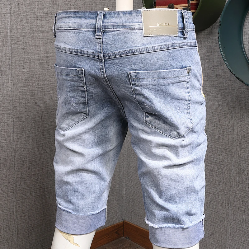Men Ripped Jeans Shorts Summer Fashion Printed Light Blue Slim Fit Mens Denim Shorts