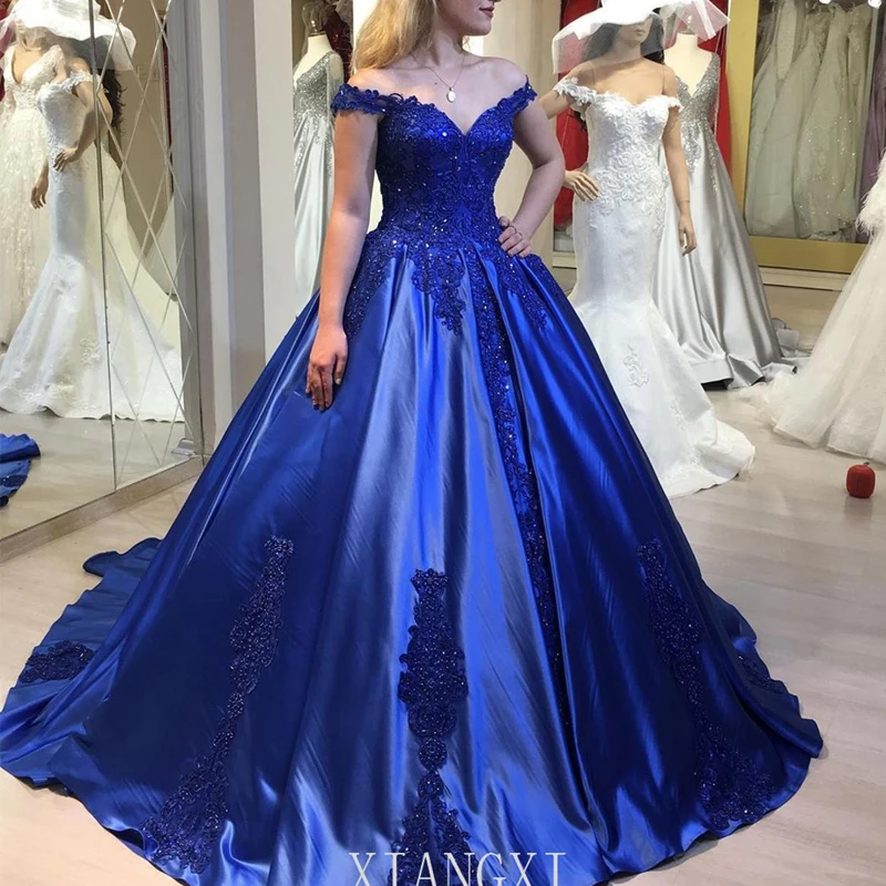 

Vestidos Blue Evening Dress Lace Appliques Long Evening Dresses Off The Shoulder Formal Party Gowns robe de soirees