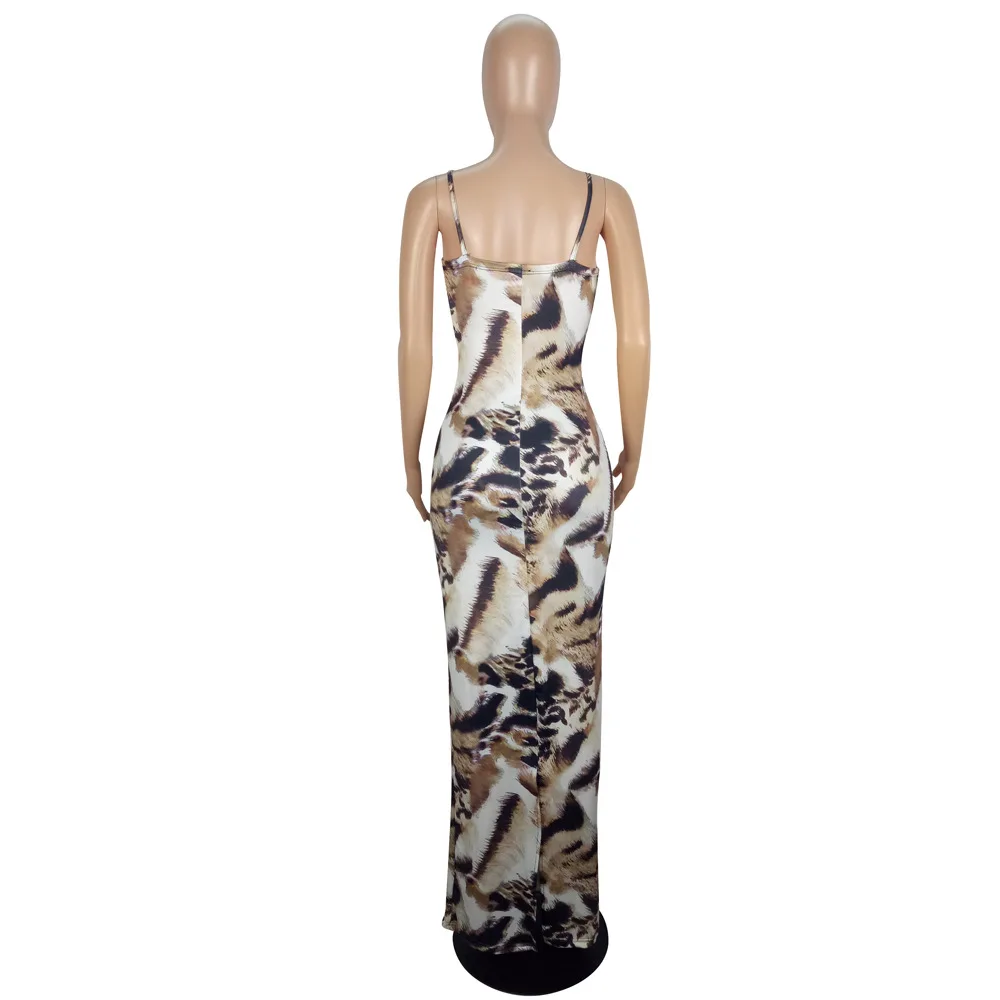

Women Sexy Leopard Print Spaghetti Strap Dress Floor Length V Neck Bodycon Elegant Evening Night Party Club Wear Vestidos Dress