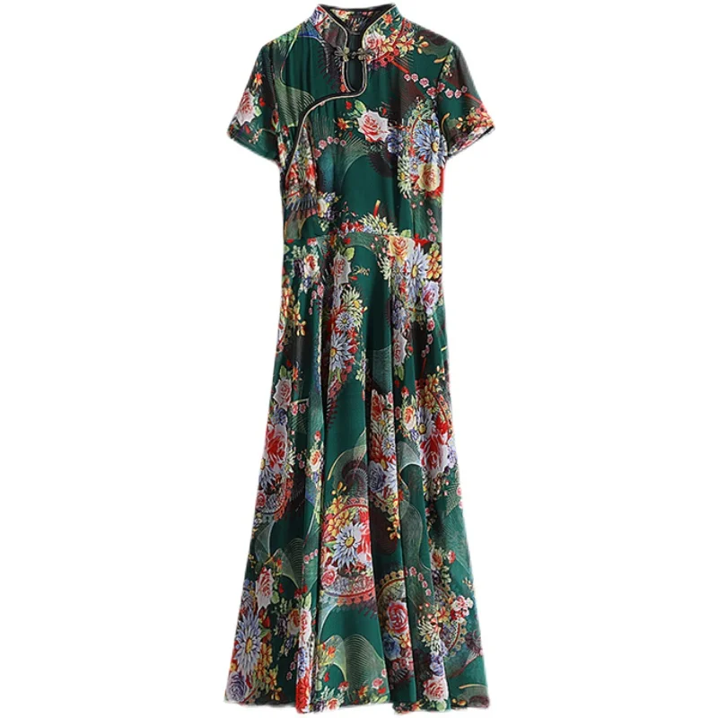 

Chinese Style Print Dresses Woman Elegant Short Sleeved Stand Collar Plus Size Summer Ethnic Female Clothes