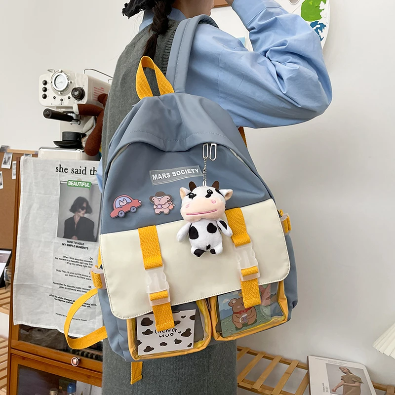 

New Lovely Double Pocket Woman Backpack Female Portable Student Bag Teenage Girl Waterproof School Bag Bagpack Mochila