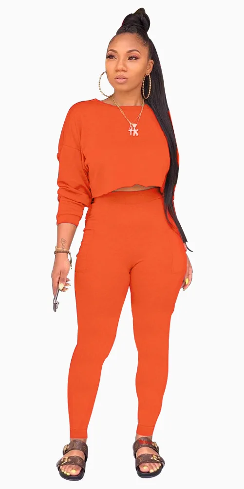 Hot sale solid casual 2 piece set women full sleeve crop top and long pants slim two sports outfit LWY6622 | Женская одежда
