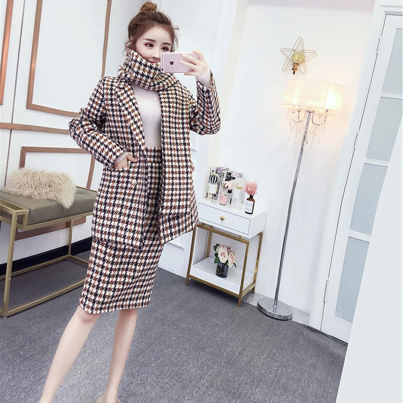 Осенне-зимний женский новый плотный модный клетчатый костюм с высокой талией и