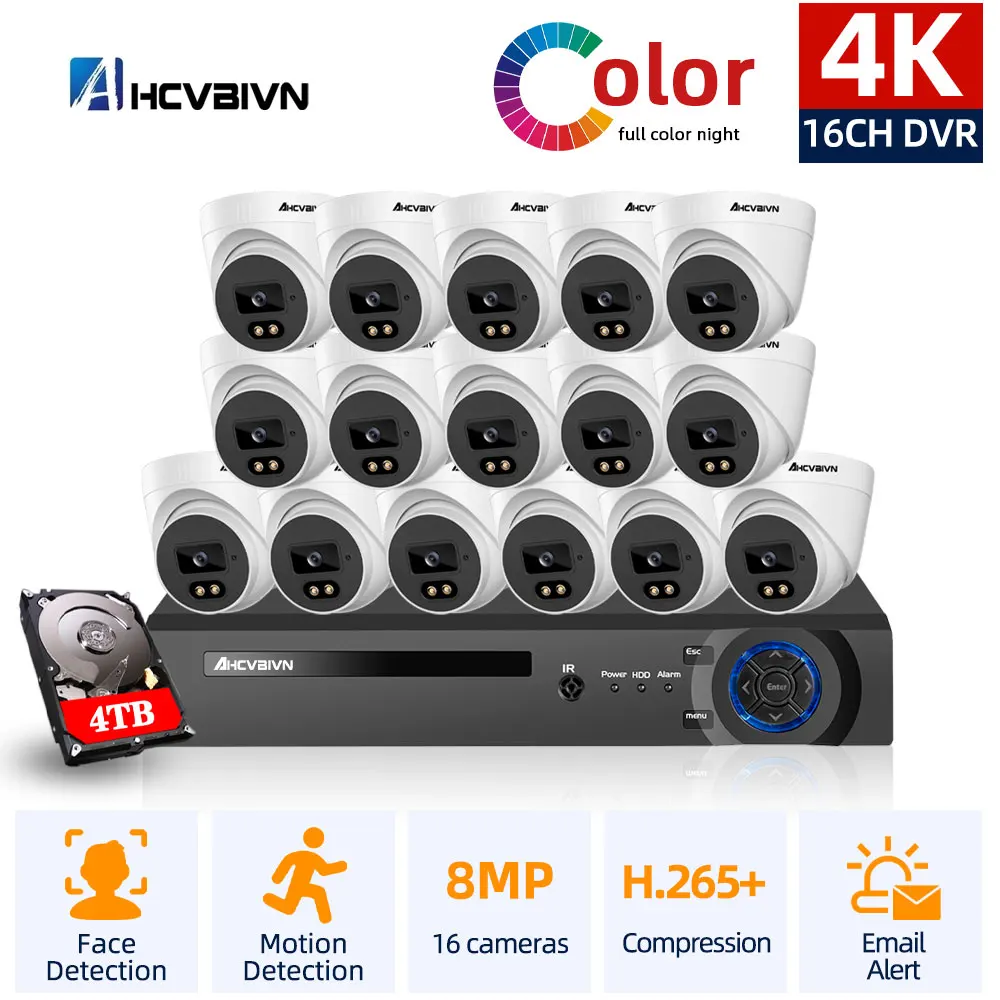 

4K 8MP 5MP 16Channel 6 in1 CCTV DVR Motion Detection FullColor Night Vision Dome Camera Video Surveillance System Set H.265 16CH