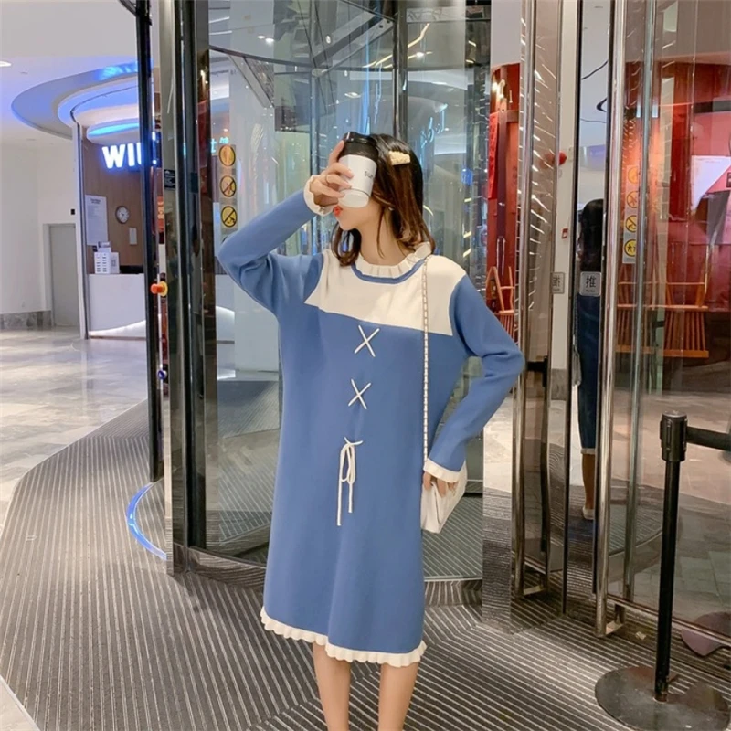 

Pregnant women thickened sweater postpartum breastfeeding dress knitted sweater skirt Maternity Fashion Splice Pullover Dress