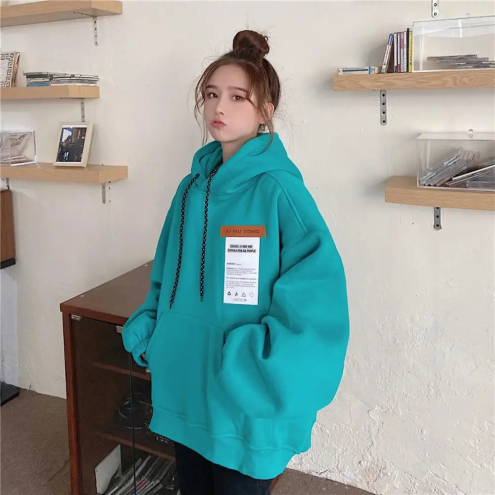 Women Autumn Long Sleeve Solid Color Oversize Plush Thick Warm Hoodie Sweatshirt