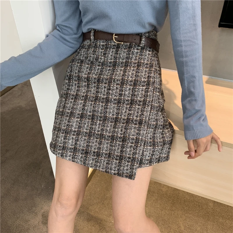 Зимняя Повседневная клетчатая трапециевидная мини ампир Женская юбка Kawaii